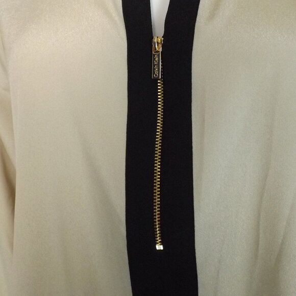 CALVIN KLEIN Blouse, L, Champagne/Black, Long Tab Sleeves, Zipper Neck - Picture 6 of 14